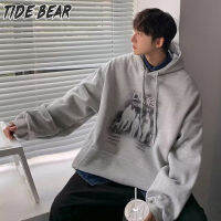 TIDE BEAR สเวตเตอร์สวมศีรษะลายพิมพ์ผู้ชาย Ins เสื้อฮู้ดผ้ากำมะหยี่