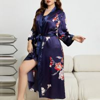 【LZ】◕✸  Camisola longa estampada floral azul marinho feminina roupão de tamanho grande terno de camisola sexy pijamas de cetim casual feminino vestido de casa