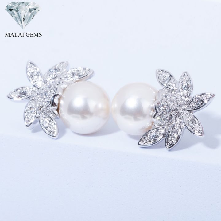 malai-gems-ต่างหูมุก-เงินแท้-silver-925-เพชรสวิส-cz-เคลือบทองคำขาว-รุ่น-11008169-แถมกล่อง-ต่างหูเพชร-ต่างหูเงินแท้