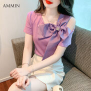 Ammin Áo Thun Hở Vai Cotton nối nơ tay ngắn voan phong cách Hàn Quốc mới