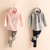 2021 Autumn Spring 2 3 4 6 7 8 Years Striped Long Sleeve Cotton Hoodies Tops+Leggings Baby Kids Girl 2Pcs Outfits Clothing Sets