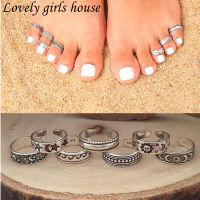 【♡Lovely girls house♡】แหวนแบบเปิดเท้าชายหาดแบบโบฮีเมียนของผู้หญิงแหวนนิ้วเท้าดวงจันทร์แกะสลักโพรงย้อนยุคดาวแบบโบฮีเมียนปรับได้7ชิ้น