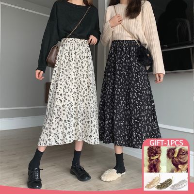 【CC】❁  Arherige Floral Print A-line Pleated Skirts Korean Streetwear Drawstring Elastic Waist Skirt