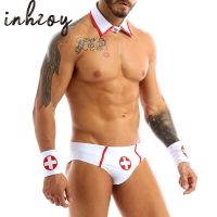 【CW】 XXL Men Erotic Uniform Doctor Nurse Sexy Role Play Costume Outfits Briefs With Collar And Red Cross Cuff Set Sissy Crossdresser