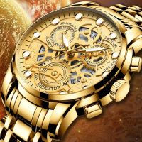 FNGEEN Brand Gold Watch Mens Hollow Quartz Watch Stainless Steel Band Waterproof Luminous Fashion Watches Relogio Masculino