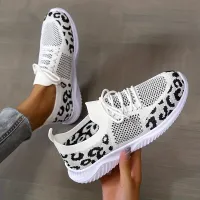 NianMiao Womens Knitted Sports Shoes, Leopard Printed Low Top Running Shoes, Casual Walking Sneakers