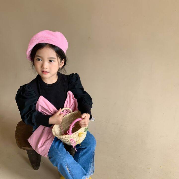 cod-big-bow-puff-sleeve-girls-bottoming-spring-childrens-korean-version-of-knitted-splicing-baby-top