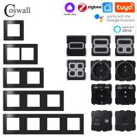 【ใหม่】 COSWALL แผงอลูมิเนียมสีดำ Zigbee 3.0 Tuya 1/2/3/4แก๊งสวิทช์ปกติสหภาพยุโรปซ็อกเก็ตชาร์จ USB ทีวี RJ45โมดูล DIY