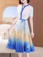 ✎✢► Aiden001 S3267 Average Size Blue Wide Wife Pleated Large Size Womens Mother Long Stand Collar Tie A-Line Dress