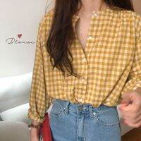 ¤ 28053 Chic check round neck long sleeves blouse women daily top