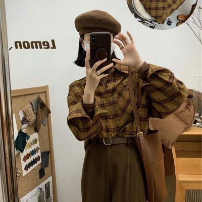 ‘；’ MEXZT Vintage Plaid Shirt Women Harajuku Retro Long Sleeve Oversized Blouse Korean Streetwear Turn Down Collar Loose Casual Tops