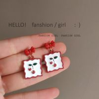 [COD] style 925 silver needle sweet and pleasant cherry bow earrings paint red texture dripping oil