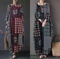 [COD] 2021 new cross-border and linen printing national style retro pullover loose round neck long irregular dress