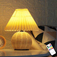 Euro Pleated Table Lamp Rattan Base Desktop Decorative Led Reading Light Dimmable USB 5V For Living Room Bedroom Bedside Home