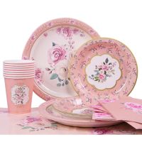 Floral Printing Disposable Tableware Paper Plates Cups Napkins Banner Adult Birthday Party Garden Tea Party Supplies Weddiing