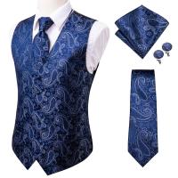 Hi-Tie 20 Color Silk Mens Vests and Tie Business Formal Dresses Slim Vest 4PC Hanky cufflinks for Suit Blue Paisley Waistcoat