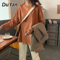 Du Yan เสื้อยืดแขนยาวคอกลมสีทึบคอตตอน,เสื้อตัวหลวมสำหรับผู้หญิง