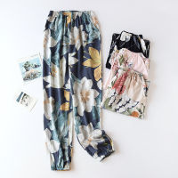 Women Summer Sleep Bottoms Loose Necking and Hemming Pajama Pants Printed Thin Lounge Wear Rayon Sleepwear Sleep Wear with Pant