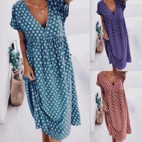 Women Boho Short Sleeve Deep V Neck Geometric Print Large Hem Loose Midi Dress Plus Size S-3XL