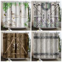 【CW】❧►  Wood Door Shower Curtain Farmhouse Barn Polyester for