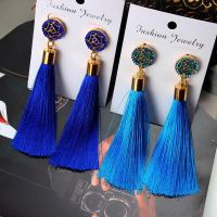 Bohemian Crystal Silk Fabric Long Drop Dangle Tassel Earrings for Women Jewelry