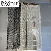 RYRYSTYLE กางเกงตาข่ายเข้ารูปพอดีโชว์ทรงตรงเพชรสีสีขาวและดำทรงหลวมสีแดงฝังเพชร