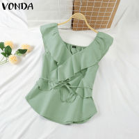 VONDA เสื้อมีระบายสไตล์ธุรกิจเสื้อคอวีสำหรับผู้หญิงเสื้อมีจีบแขนกุด #2