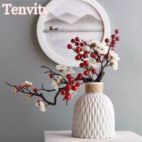 Cherry Red Plum Blossom Silk Artificial Flowers Plastic Branch for Home Wedding DIY Decoration Foam Christmas Berry Fake Flowers