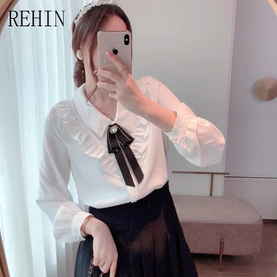 REHIN เสื้อแขนยาวผู้หญิง,เสื้อเรียนวิทยาลัยฝรั่งเศสหวานอเนกประสงค์ดีไซน์หรูหราหูกระต่ายฤดูร้อน