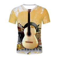 Mens and Womens Childrens Music Symbol Guitar 3D Pattern Printed T-shirt Breathable Thin Crew Neck Top Casual Street Style