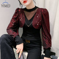 YIMEI เสื้อยืดสตรีประกายแสงสีแดงเข้ารูปพอดีเสื้อยืดแขนยาวฟิตเนสใหม่2023ฤดูใบไม้ผลิและฤดูใบไม้ร่วงดีไซน์เสื้อปักเลื่อมต่อกัน