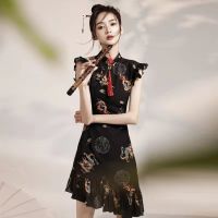 【CW】 Women Chinese Style Dragon Embroidery Cheongsam Gothic Retro Sexy Slim Qipao Japanese Harajuku Club Bodycon Party Mini Dress