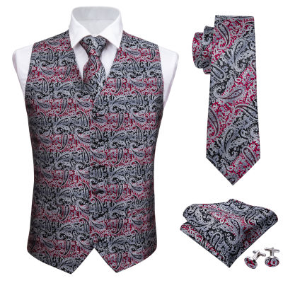 4PC Mens Silk Vest Party Wedding Purple Paisley Solid Floral Waistcoat Vest Pocket Square Tie Slim Suit Set