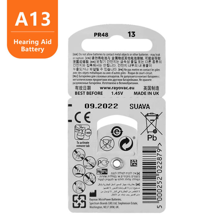 60pcs-hearing-aid-batteries-a13-13a-13-p13-pr48-rayovac-peak-uk-1-45v-zinc-air-cic-bte-hearing-aids-sound-amplifier