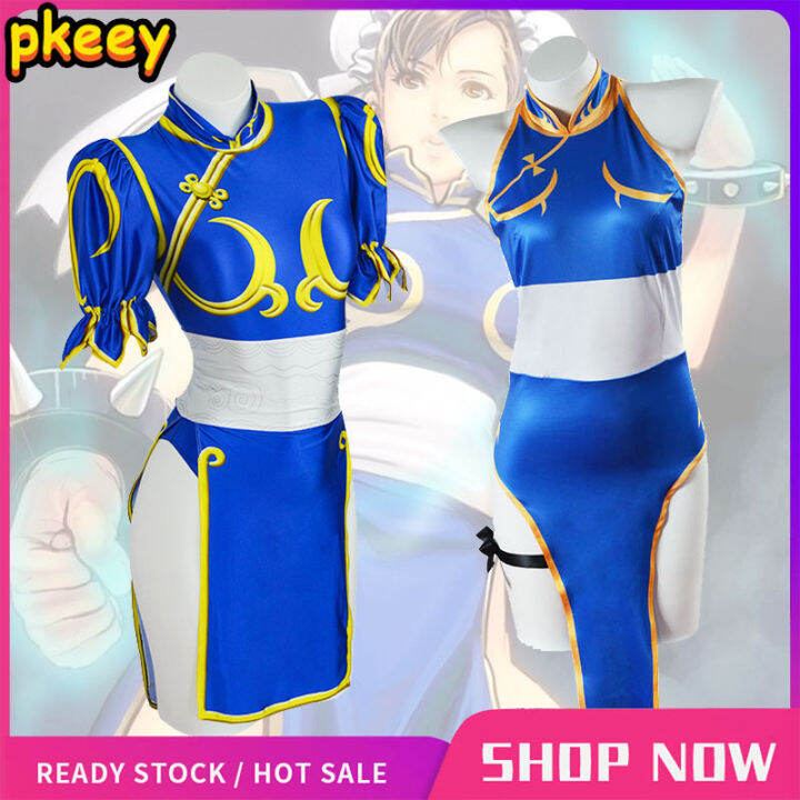 Anime Street Fighter Chun Li Cosplay Costume Blue Dress Swimwear for