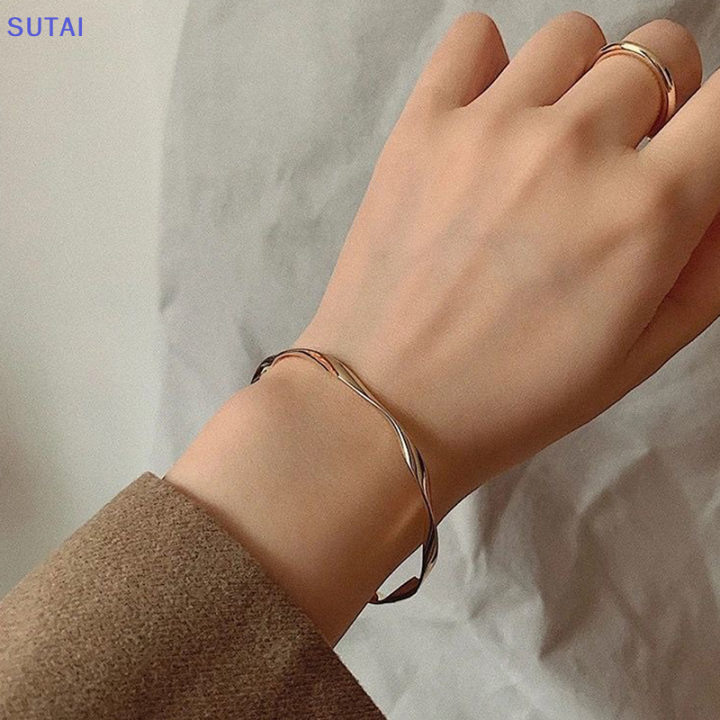 lowest-price-sutai-สร้อยข้อมือโลหะบิดเกลียวสไตล์ย้อนยุคคลาสสิกสำหรับผู้หญิงเทรนด์เปิดง่ายปรับได้เครื่องประดับสำหรับเด็กผู้หญิงของขวัญ