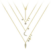 Silver thai Gold Plated Silver 3 Layers Necklace with Cubic Zirconia เครื่องประดับแฟชั่นสร้อยคอโซ่ยาวจี้เลื่อมสีทองหลายชั้น