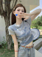 SUZZIN เสื้อยืดแขนสั้นสำหรับผู้หญิงGraffiti สีเทาย้อนยุคเรียบง่าย