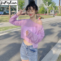 เสื้อครอปกันแดดสำหรับผู้หญิง LuFashion แขนยาวทรงหลวมฤดูร้อน