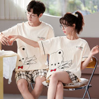 （HOT）Summer Couple Pajamas Set New Green Little Dinosaur Loose Cotton Nightwear Mujer Casual Home Suit Sweet Sleepwear For Women Men