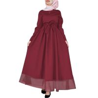 №✹ Hijabista Muslim Wear Women Mesh Patchwork Full Sleeve Button Maxi Dress