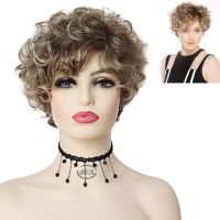 GNIMEGIL Synthetic Short Curly Wigs for Women Blonde Wig with Dark Root Ombre Natural Hairstyle Cosplay Halloween Party Daily Wig  Hair Extensions Pad