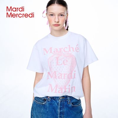 เสื้อยืดผ้าฝ้ายพิมพ์ลายขายดี Madi Mecredi เสื้อยืดแขนสั้น พิมพ์ลายตัวอักษร สตรอเบอร์รี่ ทรงหลวม เข้ารูปS-5XL