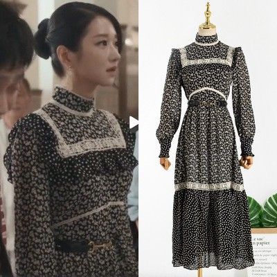 Seo Ye Ji Stitching Black &amp; White Floral Maxi เดรส Dress Korean It’s Okay To Not Be Okay แต่งตัว ขนาดกลางและส่วนยาว ดอกไม้ นางสาว vd