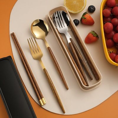 Cutlery Set Stainless Steel Dessert Spoon Fork Chopsticks Wooden Handle Tableware Portable Travel Dinnerware Kitchen Accessories Flatware Sets