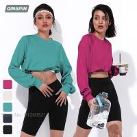 ผู้หญิงหลวมเทนนิส Crop Tops แขนยาว Gym เทนนิสโยคะเสื้อสุภาพสตรีรอบคอ Casual Active Wear Slim แบดมินตันเสื้อยืด XS-XL