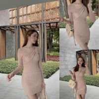 นู้ด/น้ำตาล/ดำ ? SLYQ CARAMEL SLASH RIBBED KNIT DRESS เดรสไหมพรมแขนยาวแต่งสายคาด