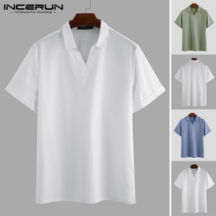 incerun-เสื้อผู้ชายแขนสั้นผ้าลินินผ้าฝ้าย-henley-เสื้อลำลองหลวมสีทึบเสื้อยืดเสื้อยืด-ลดล้างสต๊อก