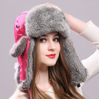 Warm Bomber Hat Unisex Real Rabbit Fur Bonet with Rainproof Cloth Earflap Trapper Russian Cap Male Winter Ski Hats for Women