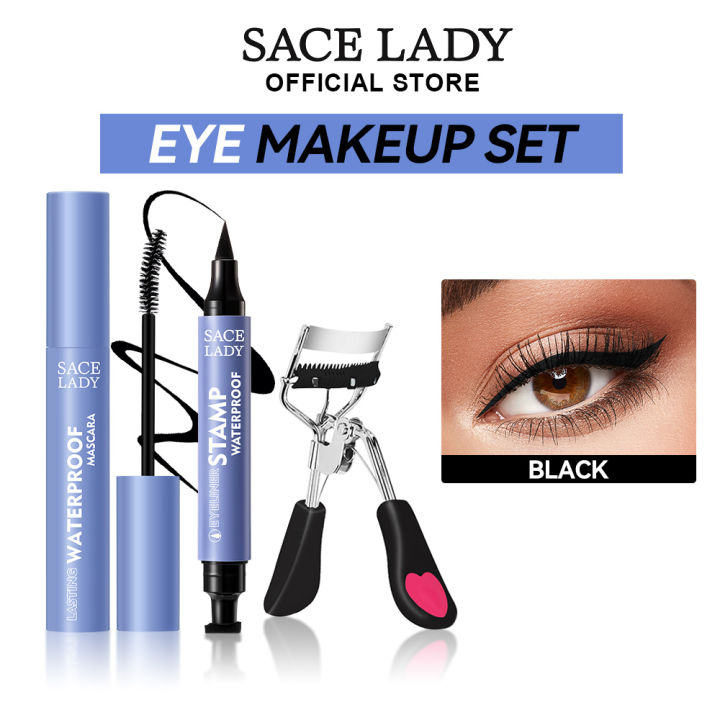 Sace Lady Waterproof Eyes Makeup Set Lasting Eyeliner Curling Mascara Curling Eyelash Curler 